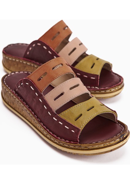 Hakiki Deri Joelle Bordo Yeşil Pudra Portakal Comfort Lazer Kesim Terlik modelleri