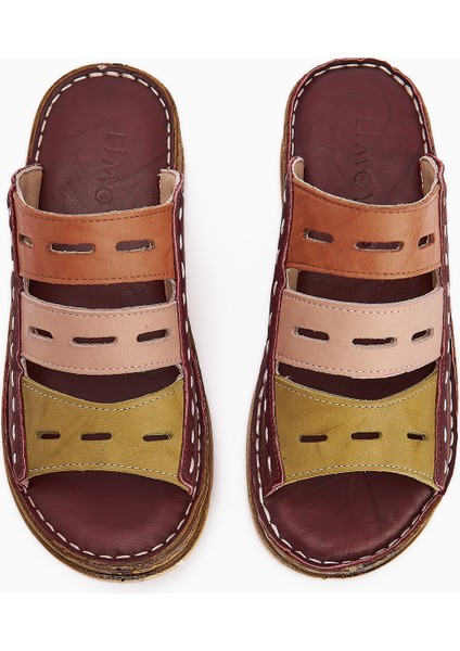 Hakiki Deri Joelle Bordo Yeşil Pudra Portakal Comfort Lazer Kesim Terlik fırsatları