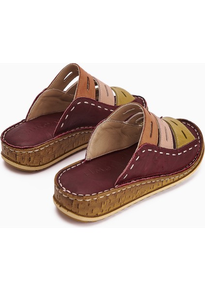Hakiki Deri Joelle Bordo Yeşil Pudra Portakal Comfort Lazer Kesim Terlik indirimleri