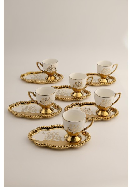 6 Kişilik Lokumluklu Tepsi Tabaklı Altın Ayaklı Lüks Porselen Kahve Fincan Takımı (12 Parça)