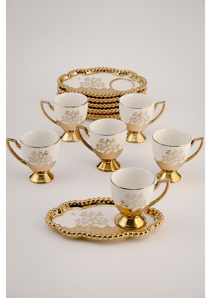 6 Kişilik Lokumluklu Tepsi Tabaklı Altın Ayaklı Lüks Porselen Kahve Fincan Takımı (12 Parça) fiyatları