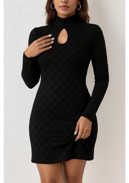 Kadın Uzun Kollu Damla Detay Flok Baskı Dalgıç Mini Elbise