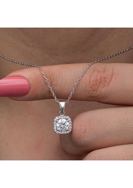 925 Ayar Gümüş Kare Montür Tek Taş Kadın Kolye T8605 (292292)