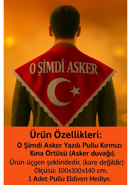 Kelebek Kına Kırmızı Renk ''o Şimdi Asker'' Yazılı, Pullu Kına Örtüsü Eldivenli, (Üçgen Şeklinde) fiyatları