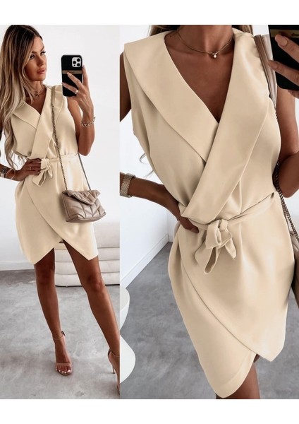 Kruvaze Yaka Kuşaklı Krep Kumaş Elbise