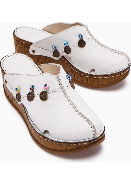 Hakiki Deri Annika Beyaz Antik Detaylı Dolgu Sabo Terlik