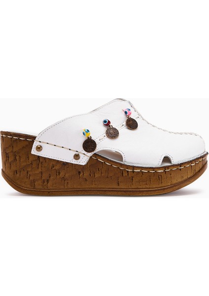 Hakiki Deri Annika Beyaz Antik Detaylı Dolgu Sabo Terlik fiyatları