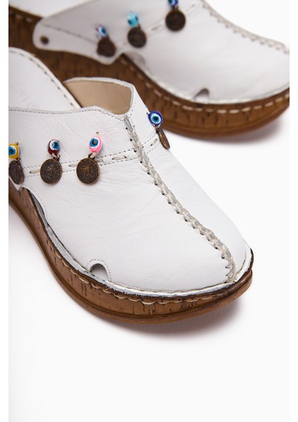 Hakiki Deri Annika Beyaz Antik Detaylı Dolgu Sabo Terlik modelleri