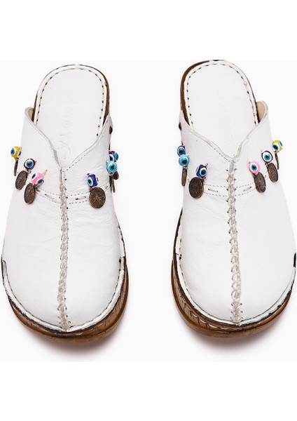 Hakiki Deri Annika Beyaz Antik Detaylı Dolgu Sabo Terlik fırsatları