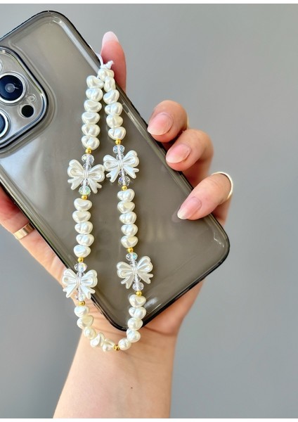 Miraztasarım Inci ve Fiyonk Boncuklu Telefon Charmı Telefon Ipi