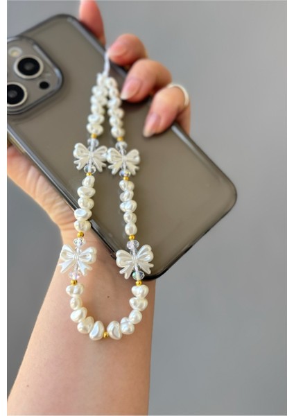Miraztasarım Inci ve Fiyonk Boncuklu Telefon Charmı Telefon Ipi modelleri
