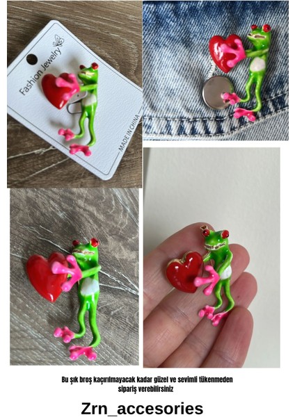Broşyeşil Kurbağa Elinde Kırmızı Kalp Anlamlı Şık Broş fiyatları
