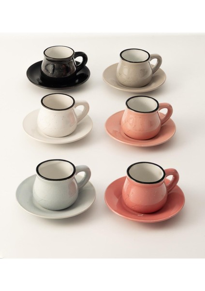 6 Farklı Renk Siyah Kenarlı Rustik Porselen Kahve Fincan Seti 12 Parça