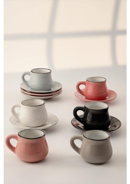 6 Farklı Renk Siyah Kenarlı Rustik Porselen Kahve Fincan Seti 12 Parça modelleri