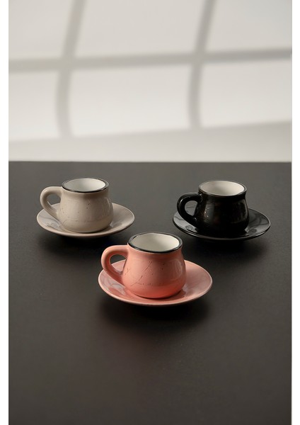 6 Farklı Renk Siyah Kenarlı Rustik Porselen Kahve Fincan Seti 12 Parça indirimleri