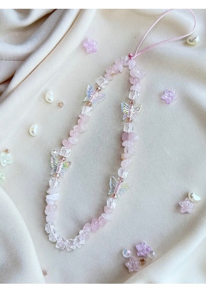 Pembe Kuvars Doğal Taşlı Kelebek/küp Boncuklu Telefon Charmı Telefon Ipi