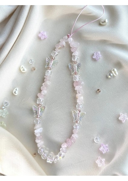 Pembe Kuvars Doğal Taşlı Kelebek/küp Boncuklu Telefon Charmı Telefon Ipi fiyatları