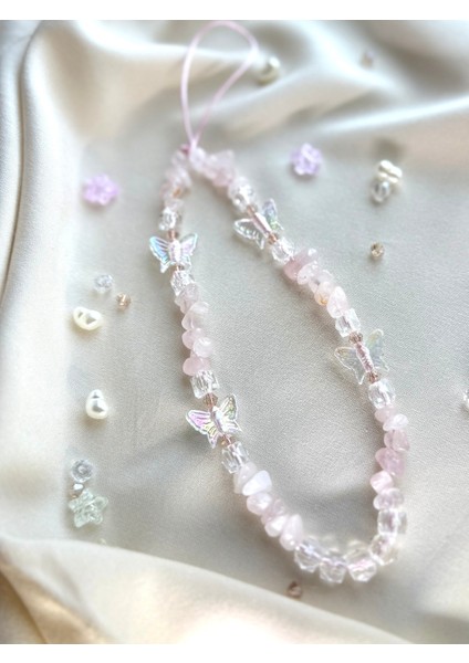 Pembe Kuvars Doğal Taşlı Kelebek/küp Boncuklu Telefon Charmı Telefon Ipi modelleri