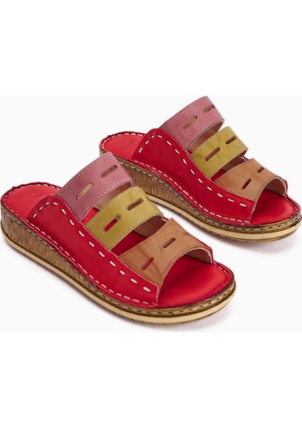 Hakiki Deri Joelle Kırmızı Mor Turuncu Yeşil Bej Comfort Lazer Kesim Terlik
