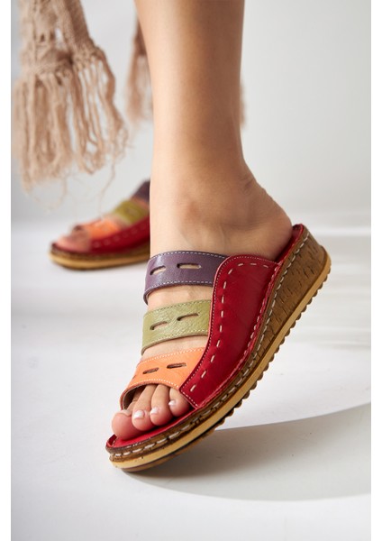 Hakiki Deri Joelle Kırmızı Mor Turuncu Yeşil Bej Comfort Lazer Kesim Terlik modelleri