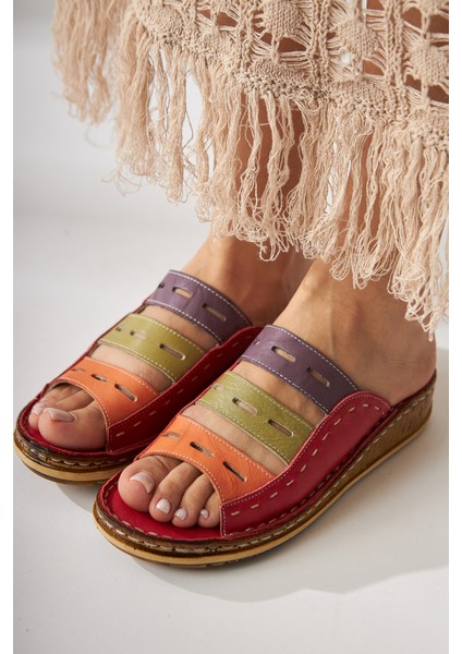 Hakiki Deri Joelle Kırmızı Mor Turuncu Yeşil Bej Comfort Lazer Kesim Terlik fırsatları