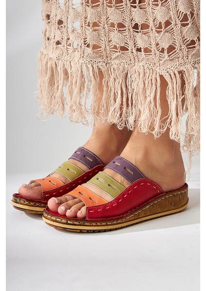 Hakiki Deri Joelle Kırmızı Mor Turuncu Yeşil Bej Comfort Lazer Kesim Terlik indirimleri
