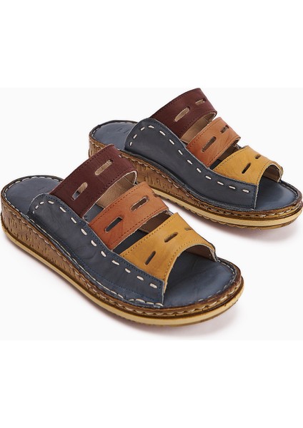 Hakiki Deri Joelle Kot-Mavi Mor Portakal Hardal Comfort Lazer Kesim Terlik
