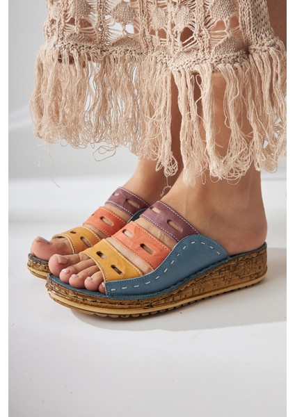 Hakiki Deri Joelle Kot-Mavi Mor Portakal Hardal Comfort Lazer Kesim Terlik modelleri