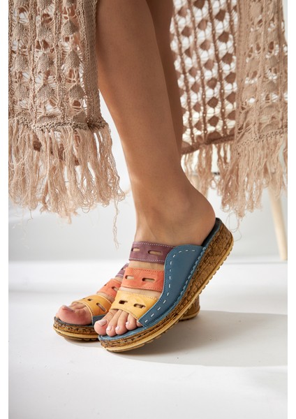 Hakiki Deri Joelle Kot-Mavi Mor Portakal Hardal Comfort Lazer Kesim Terlik fırsatları