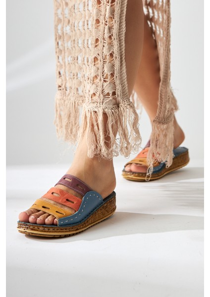 Hakiki Deri Joelle Kot-Mavi Mor Portakal Hardal Comfort Lazer Kesim Terlik indirimleri