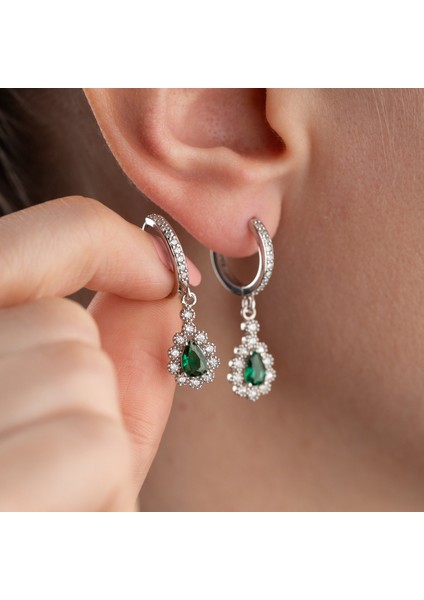 925 Ayar Gümüş Yeşil Damla Taşlı Küpe modelleri