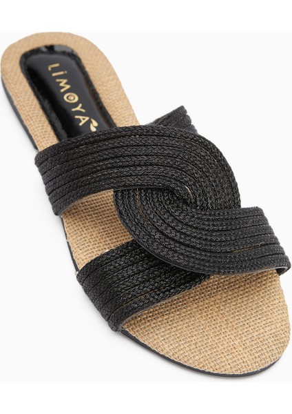 Nihaal Siyah Hasır Çapraz Bantlı Düz Taban Kadın Terlik