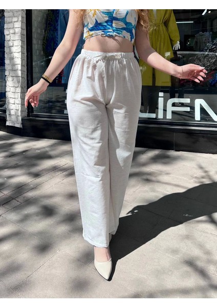 Bağcıklı Keten Pantolon Krem