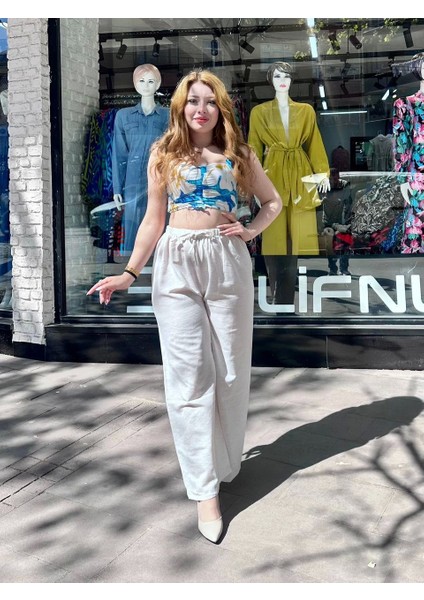 Bağcıklı Keten Pantolon Krem modelleri