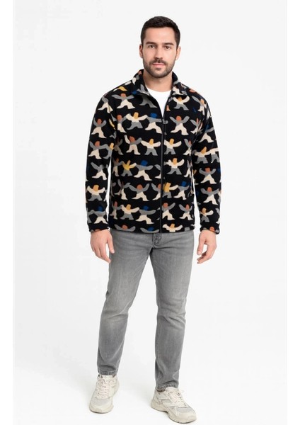 Erkek Tam Fermuarlı Desenli Polar Sweat – Siyah Multicolor Figür Desen Yakalı, Uzun Kollu, Oversize Rahat Kalıp- Siyah