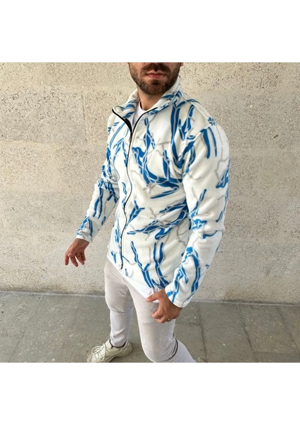 Erkek Tam Fermuarlı Desenli Polar Sweat Lightning Desen Yakalı, Uzun Kollu, Oversize Rahat Kalıp - Beyaz modelleri