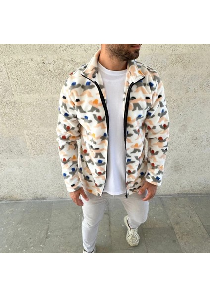 Erkek Tam Fermuarlı Desenli Polar Sweat – Siyah Multicolor Figür Desen Yakalı, Uzun Kollu, Oversize Rahat Kalıp- Beyaz fiyatları