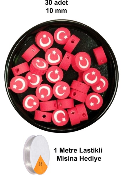 30 Adet 10 mm Polimer Kil Fimo Boncuk Takı Bileklik + 1 Metre Lastikli Misina Hediye - Türk Bayrağı