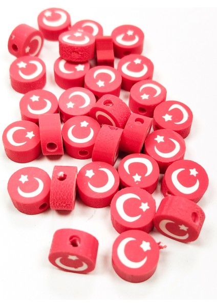 30 Adet 10 mm Polimer Kil Fimo Boncuk Takı Bileklik + 1 Metre Lastikli Misina Hediye - Türk Bayrağı fiyatları