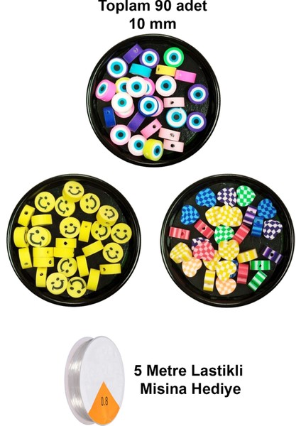 90 Adet 10 mm Polimer Kil Fimo Boncuk Takı Bileklik + 5 Metre Misina Hediye - Smile - Kalp - Nazar