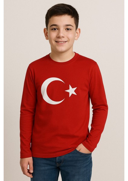 Unısex Çocuk Uzun Kol Ay Yıldız- Atatürk Baskılı T-Shirt