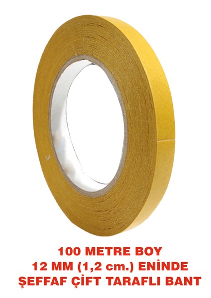Çift Taraflı Şeffaf Sarı Bant 100 M. Uzunlukta 12 mm Eninde