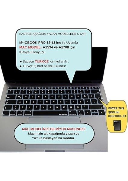 Laptop Macbook Pro Klavye Koruyucu (Türkçe Q) 12INÇ A1534-13INÇ A1708 ile Uyumlu Siyah fiyatları
