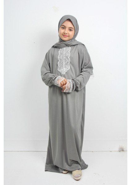 Kız Çocuk Düz Renk Dantelli Kendinden Kapşönlü Namaz Elbisesi indirimleri