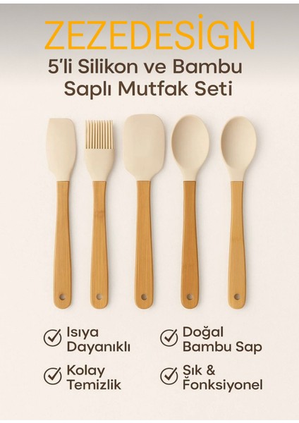 5'li Silikon Bambu Saplı Spatula Seti (Krem) fiyatları