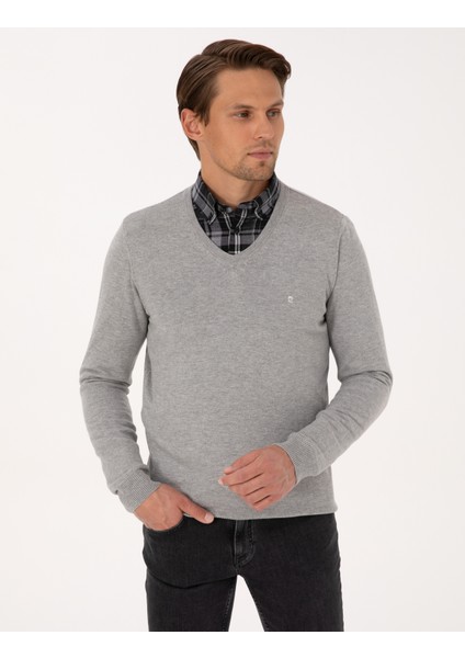 Erkek Açık Gri Melanj Slim Fit V Yaka Basic Triko Kazak 50314190-VR091 modelleri