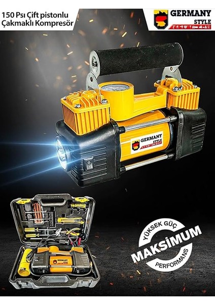 Profesyonel Çift Pistonlu 12 V 150 Psi Dakikada 85 Lt Araç Araba Lastik Bot Şişirme Kompresörü Lastik Tamir Kiti Hediyeli modelleri