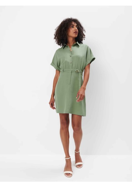 Pi̇qe Elbi̇se Gömlek Yaka Kısa Kol Diz Üstü Regular Fit Haki Renk Elbise