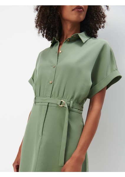 Pi̇qe Elbi̇se Gömlek Yaka Kısa Kol Diz Üstü Regular Fit Haki Renk Elbise modelleri