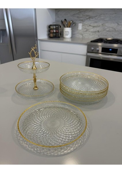 Altın Yaldızlı Pasta Seti ve 2 Katlı Kurabiye Sunum Standı – 19 cm Şık Tasarım 6 Adet Pasta Tabağı, Misafir Sunumları Için Zarif Seçim fırsatları